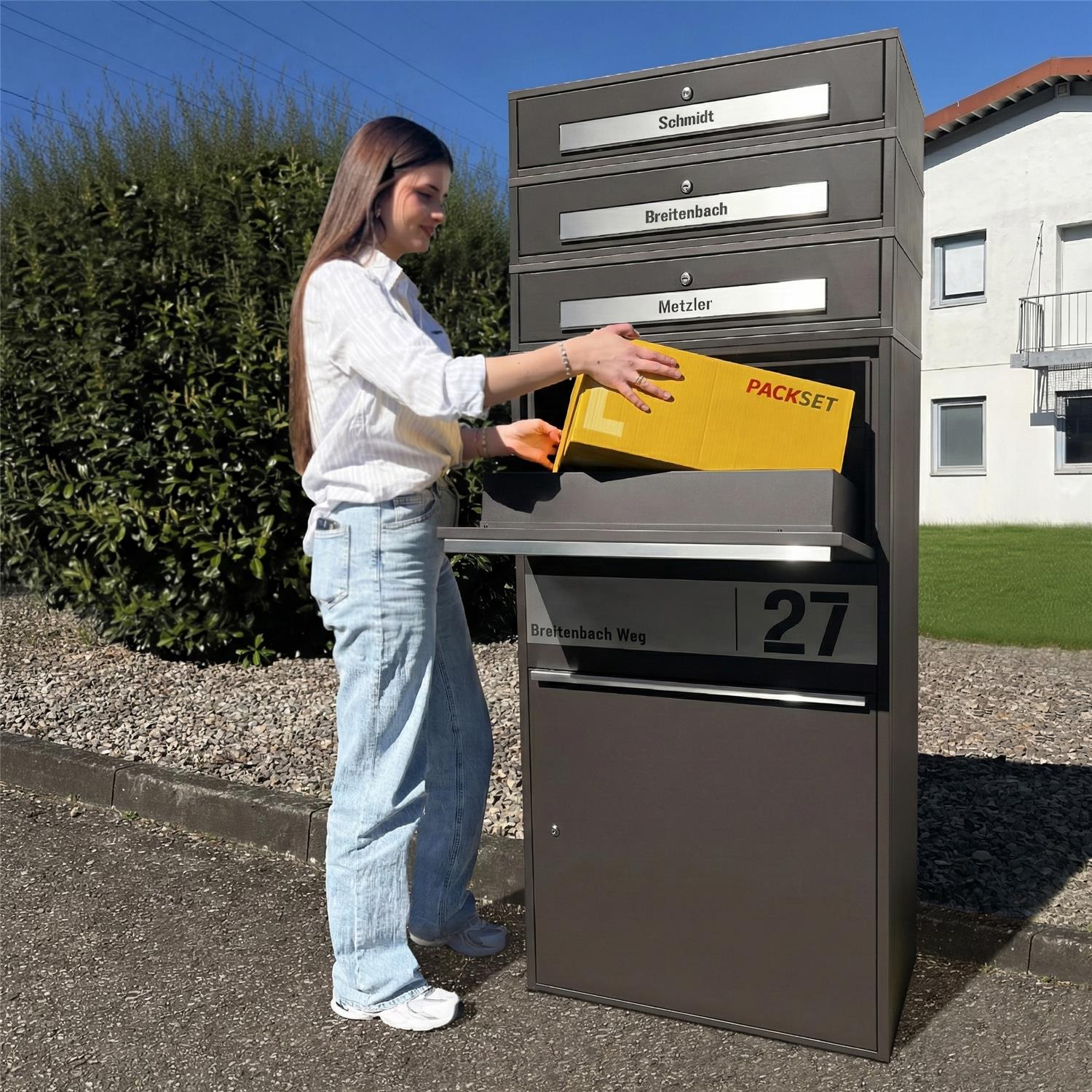 Metzler Paketbox XL mit 3 Briefkästen | Paketkasten rostfrei | personalisiert mit Gravur | Bispo Max 2