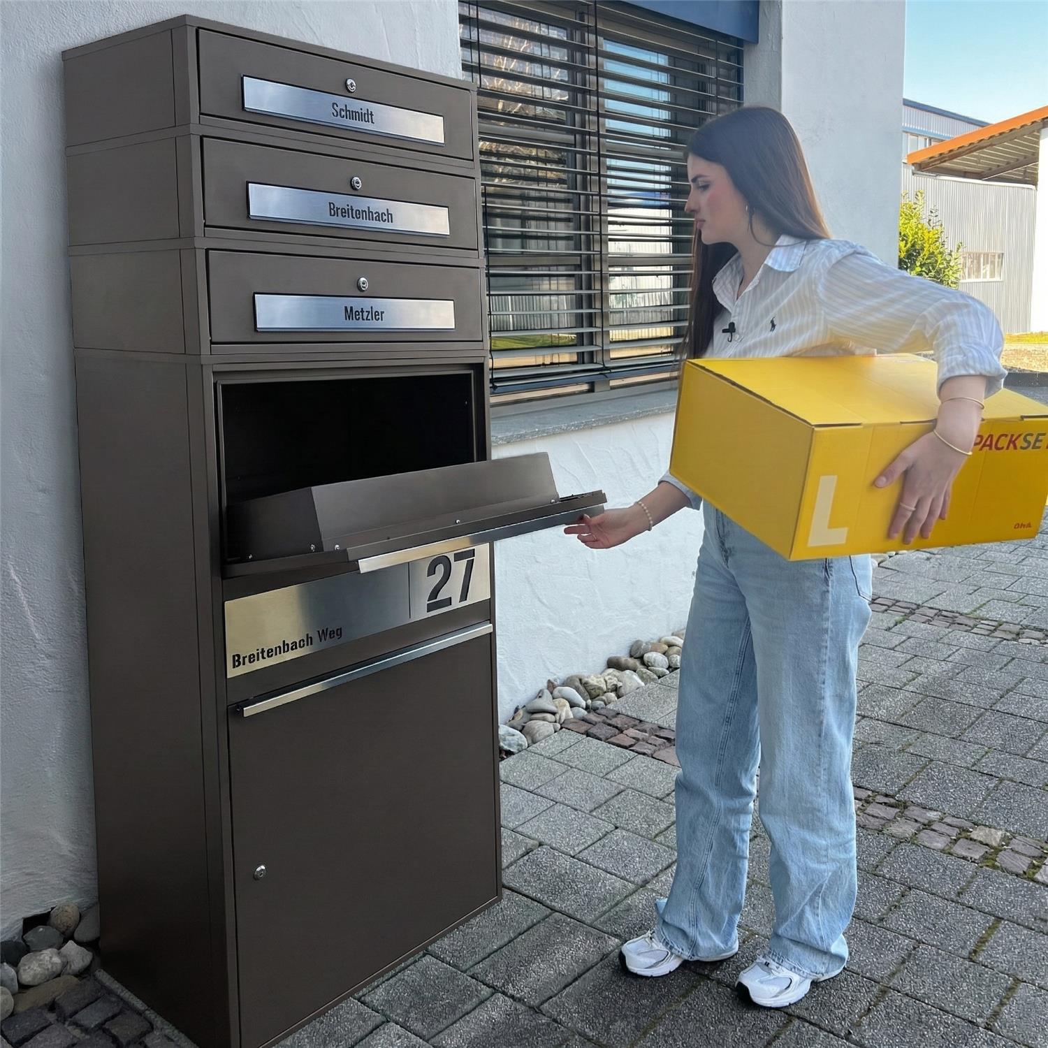 Metzler Paketbox XL mit 3 Briefkästen | Paketkasten rostfrei | personalisiert mit Gravur | Bispo Max 2