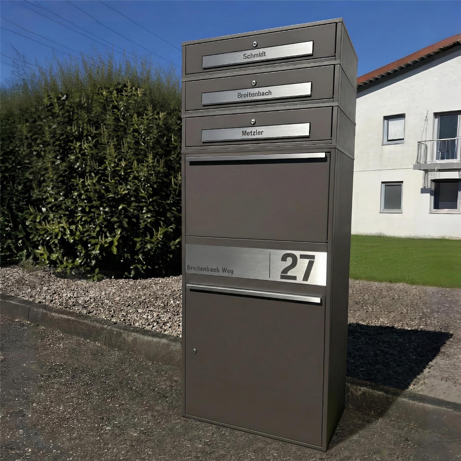 Metzler Paketbox XL mit 3 Briefkästen | Paketkasten rostfrei | personalisiert mit Gravur | Bispo Max 2