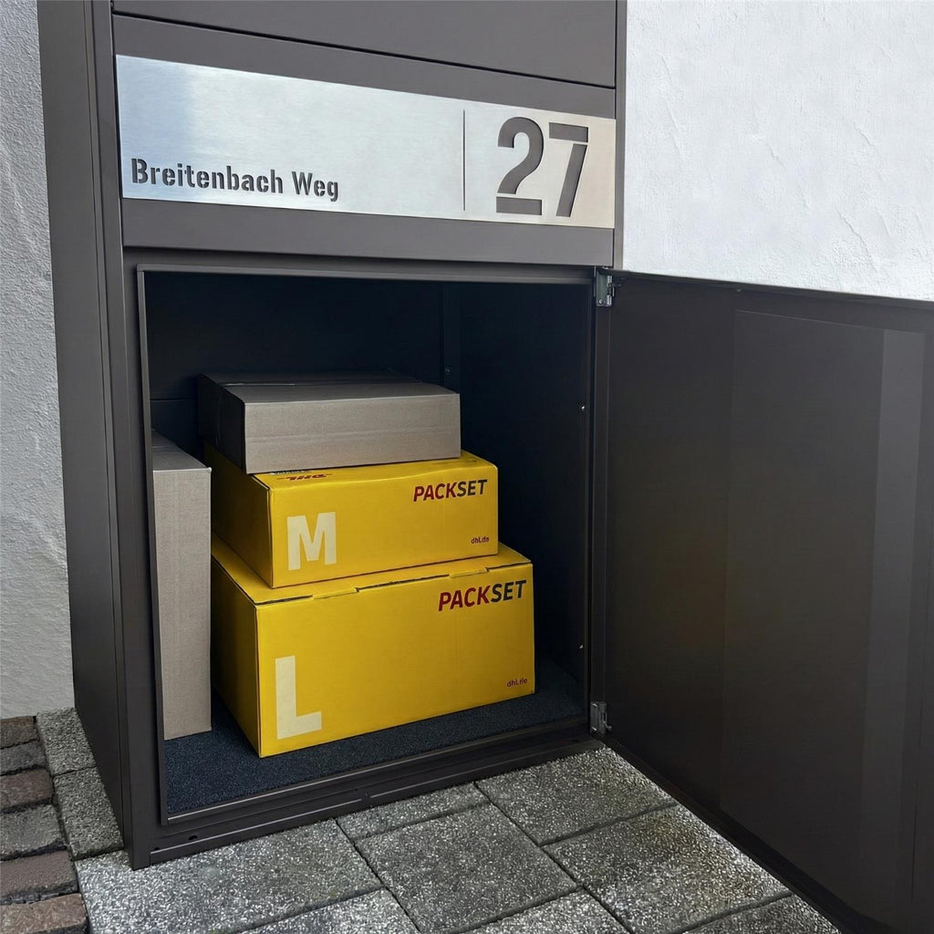 Metzler Paketbox XL mit 3 Briefkästen | Paketkasten rostfrei | personalisiert mit Gravur | Bispo Max 2