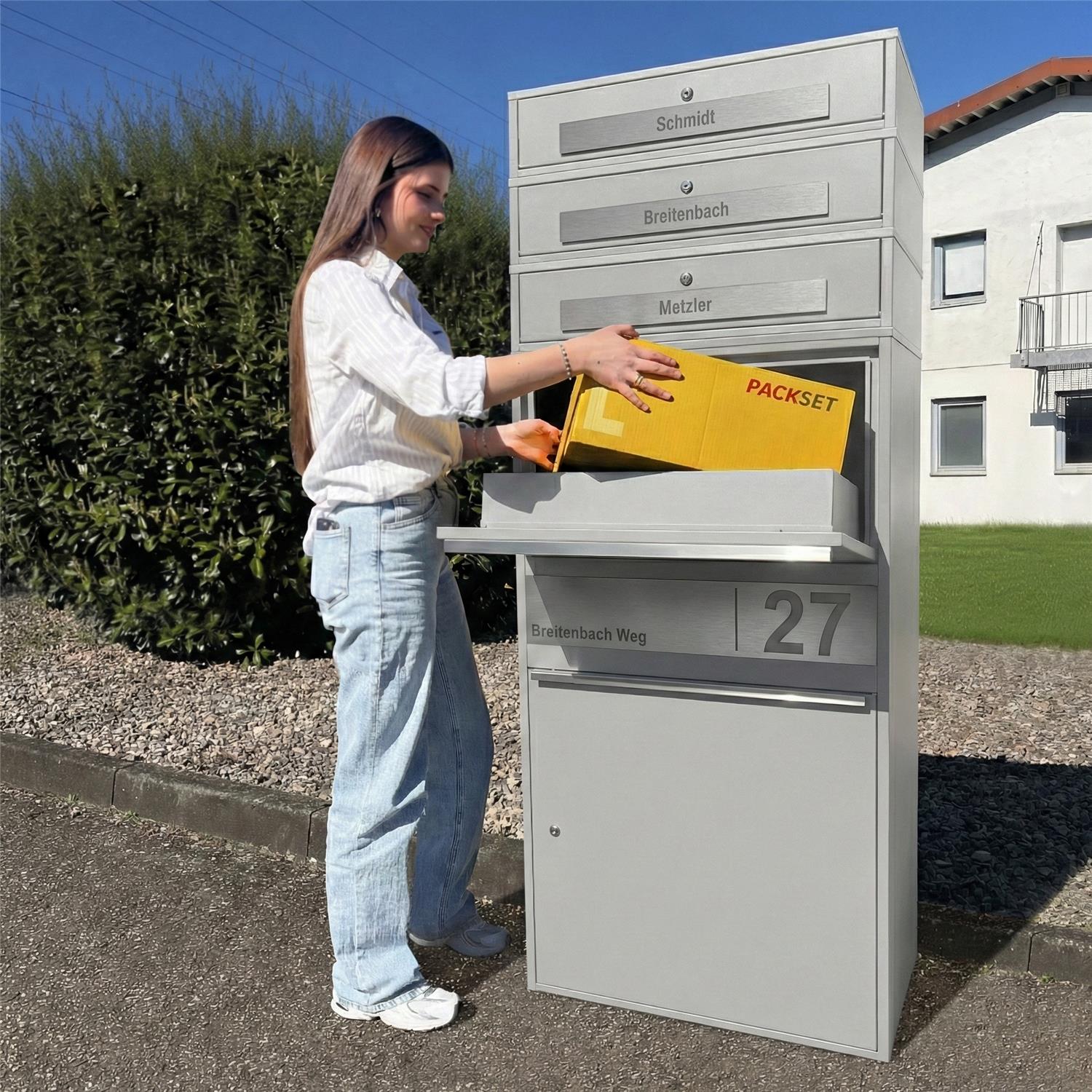 Metzler Paketbox XL mit 3 Briefkästen | Paketkasten rostfrei | personalisiert mit Gravur | Bispo Max 2
