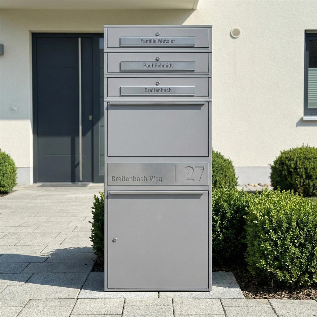 Metzler Paketbox XL mit 3 Briefkästen | Paketkasten rostfrei | personalisiert mit Gravur | Bispo Max 2