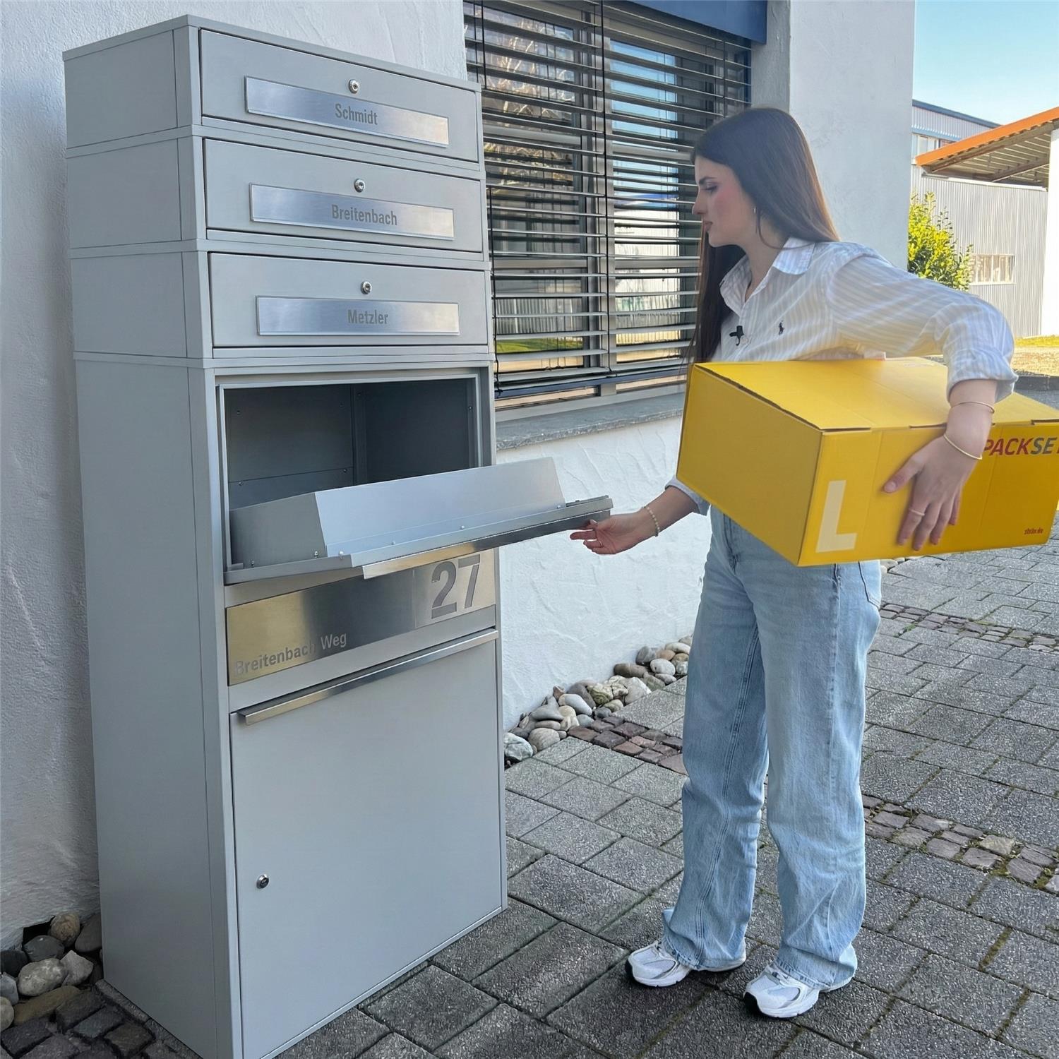 Metzler Paketbox XL mit 3 Briefkästen | Paketkasten rostfrei | personalisiert mit Gravur | Bispo Max 2