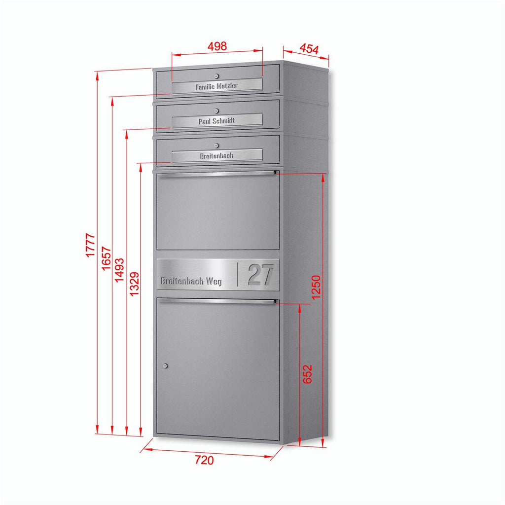 Metzler Paketbox XL mit 3 Briefkästen | Paketkasten rostfrei | personalisiert mit Gravur | Bispo Max 2