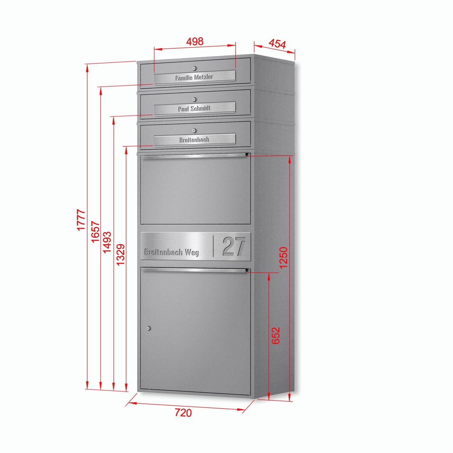 Metzler Paketbox XL mit 3 Briefkästen | Paketkasten rostfrei | personalisiert mit Gravur | Bispo Max 2