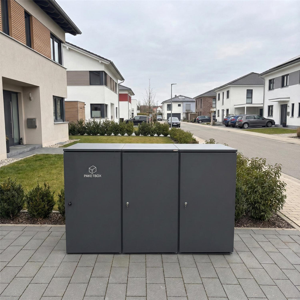 Metzler Mülltonnenbox | 2er mit Paketbox | Extra großes Volumen | Aus Aluminium | Höhenverstellbare Füße | Anthrazit