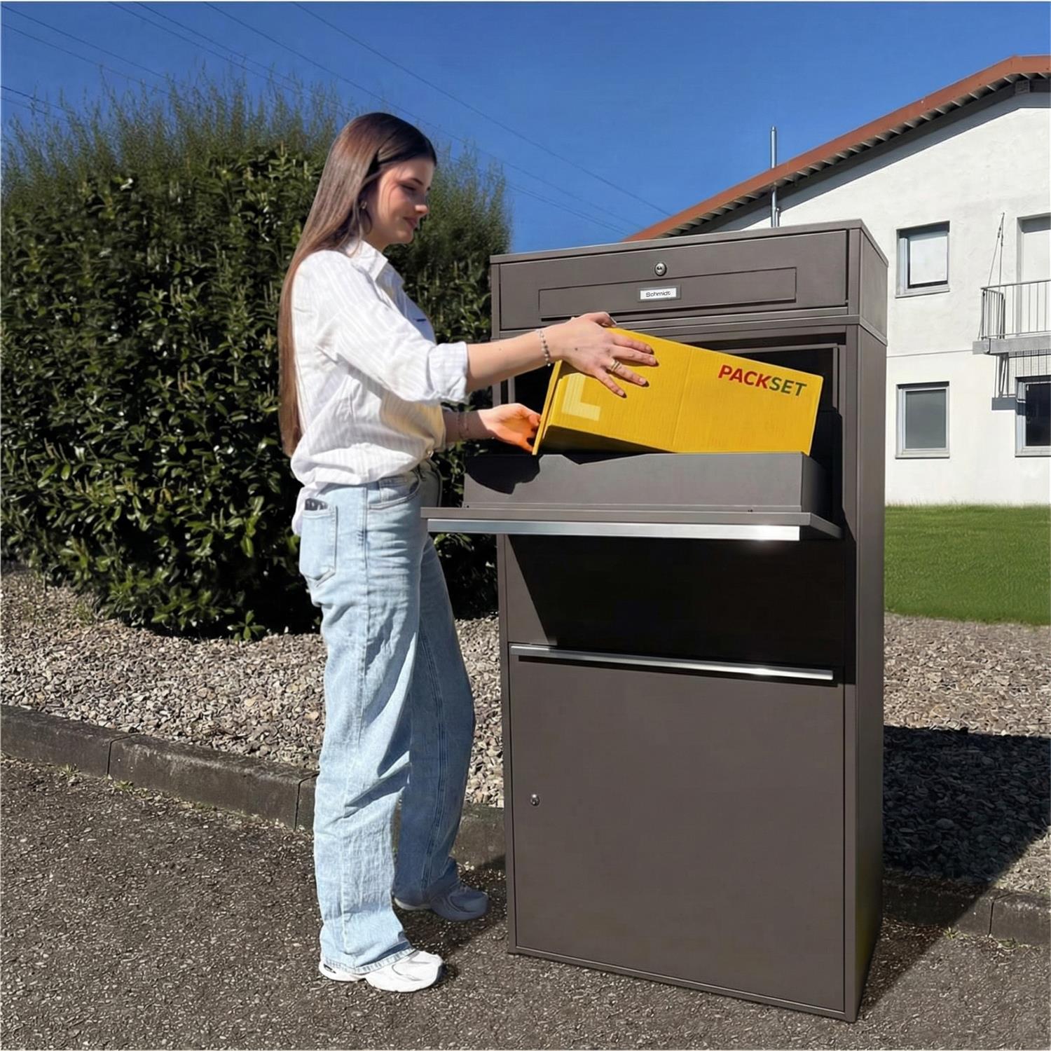 Metzler Paketbox XL mit Briefkasten | Mit austauschbarem Namensschild | Bispo Max RE