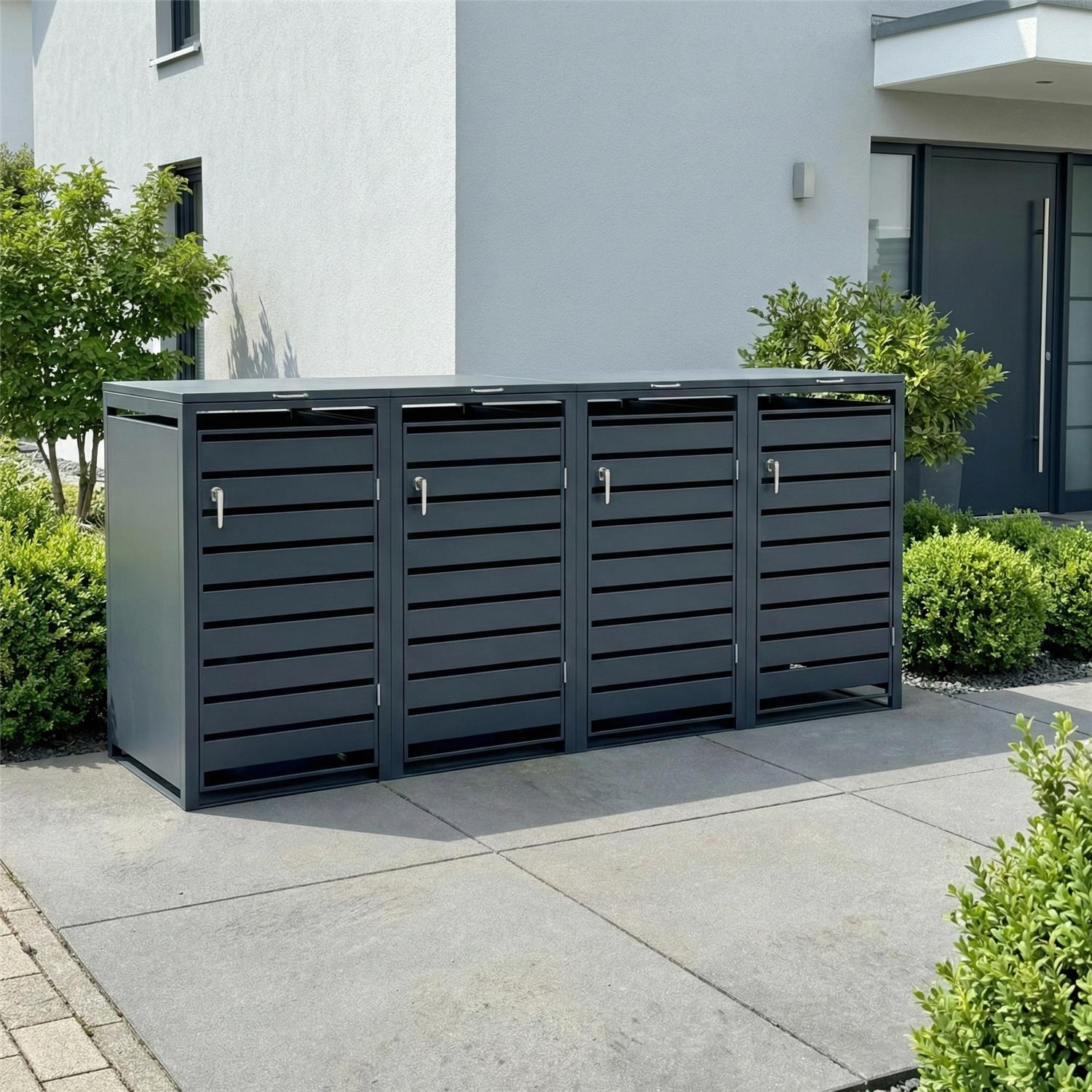 Metzler Mülltonnenbox | 4er | 240l | Anthrazit RAL 7016 | aus Stahl | mit Sichtstreifen | rostfrei & massiv | Türgriff mit Schloss