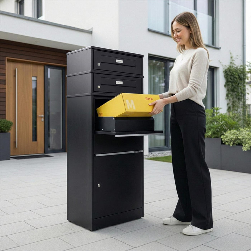 Metzler Paketbox mit 2 Briefkästen mit austauschbaren Namensschildern | für Pakete bis zur Größe M | Bispo RE