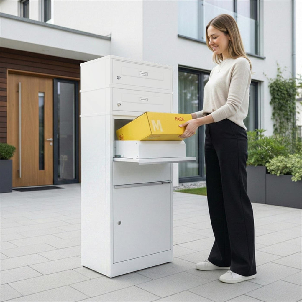 Metzler Paketbox mit 2 Briefkästen mit austauschbaren Namensschildern | für Pakete bis zur Größe M | Bispo RE