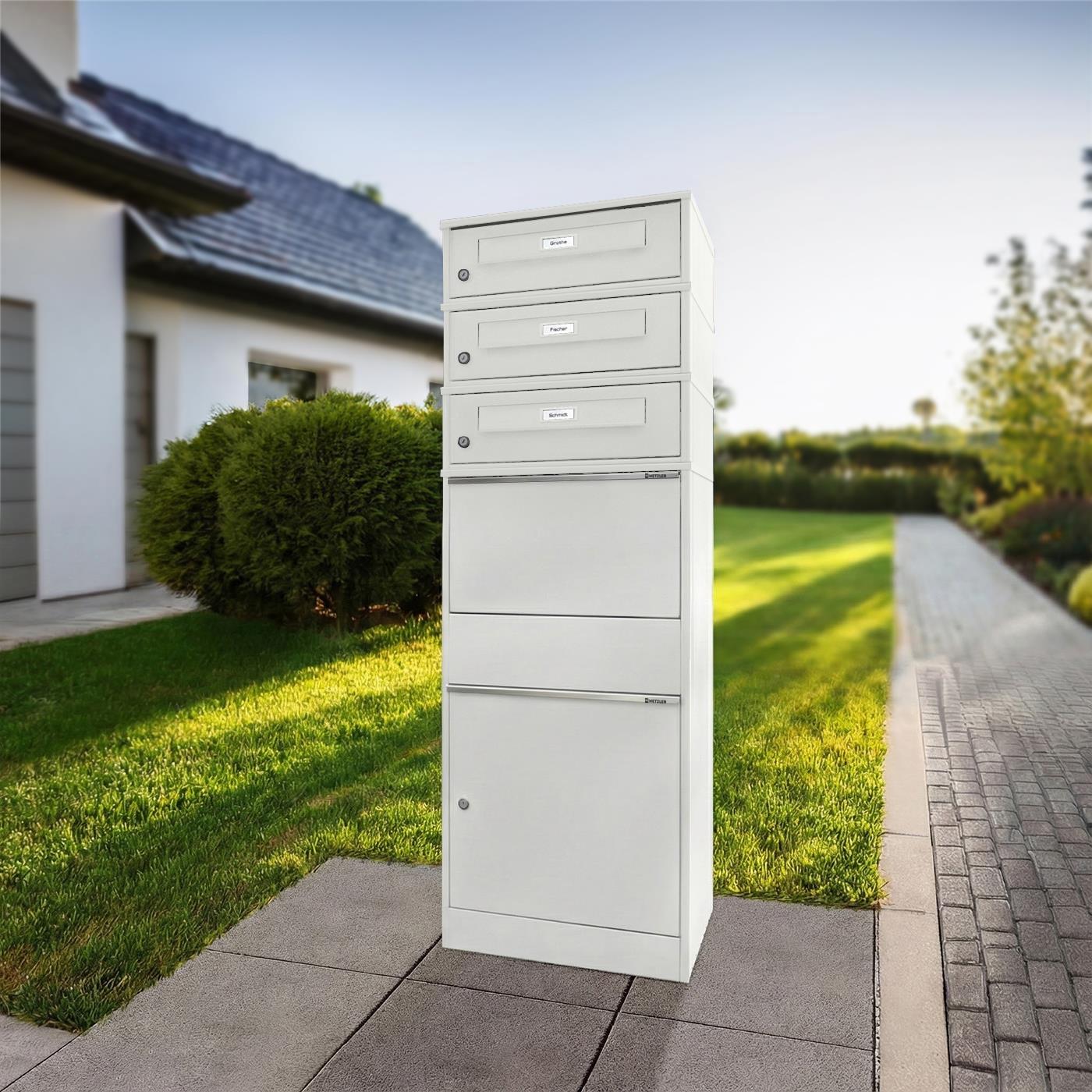 Metzler Paketbox mit 3 Briefkästen mit austauschbaren Namensschildern | für Pakete bis zur Größe M | Bispo RE