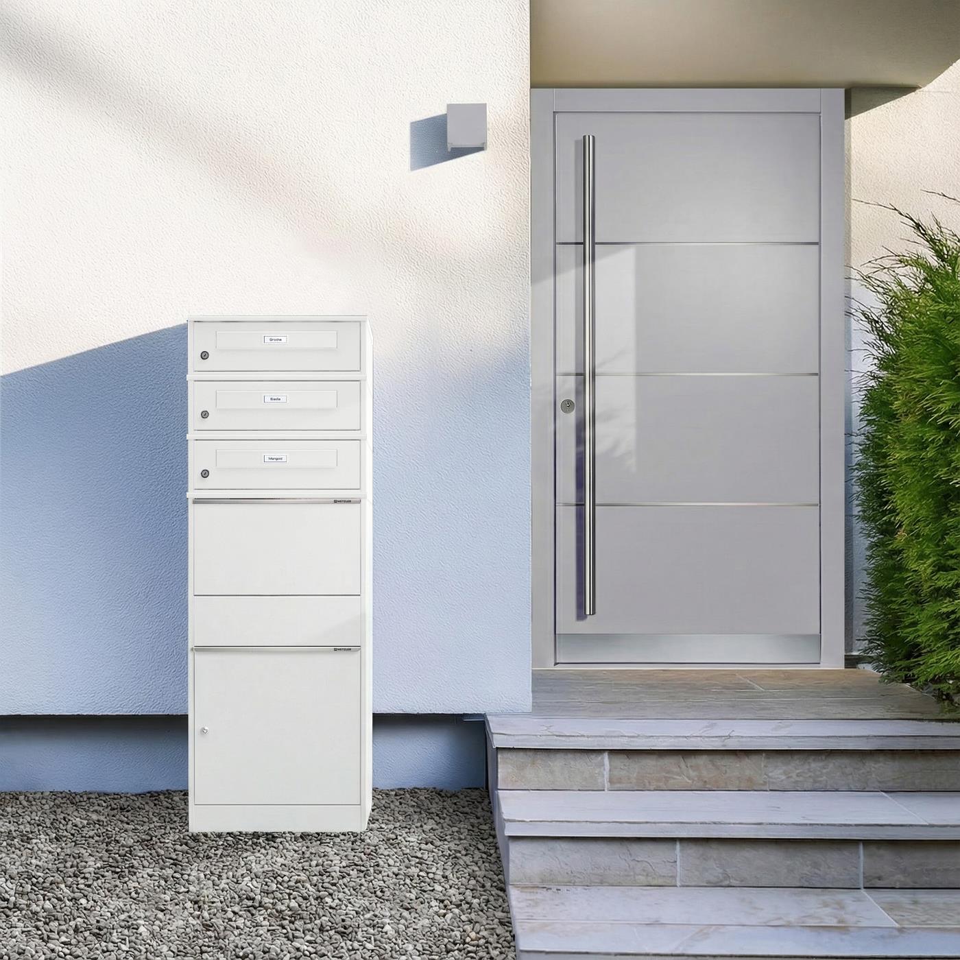 Metzler Paketbox mit 3 Briefkästen mit austauschbaren Namensschildern | für Pakete bis zur Größe M | Bispo RE