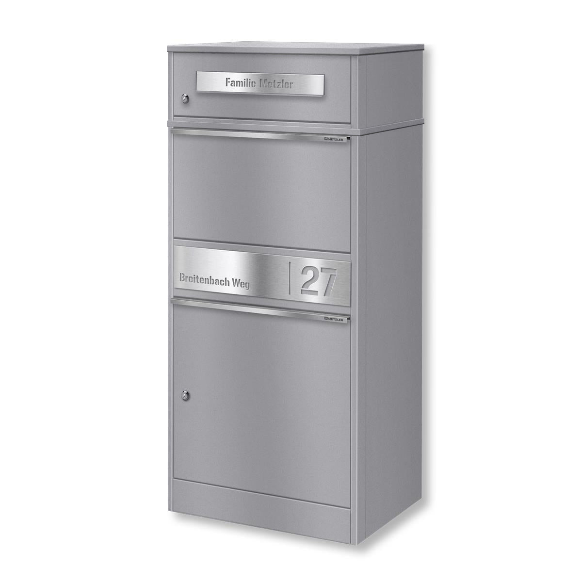 Metzler Paketbox mit Briefkasten | personalisiert mit Gravur | Edelstahl-Namensschild | mit Briefeinwurf | Bispo 2