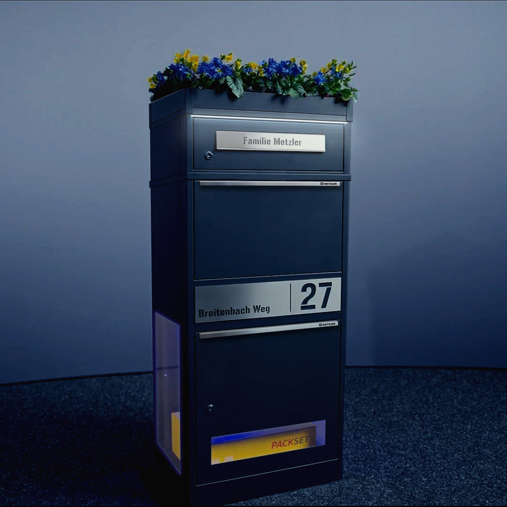 Metzler Paketbox mit Briefkasten | personalisiert mit Gravur | Edelstahl-Namensschild | mit Briefeinwurf | Bispo 2