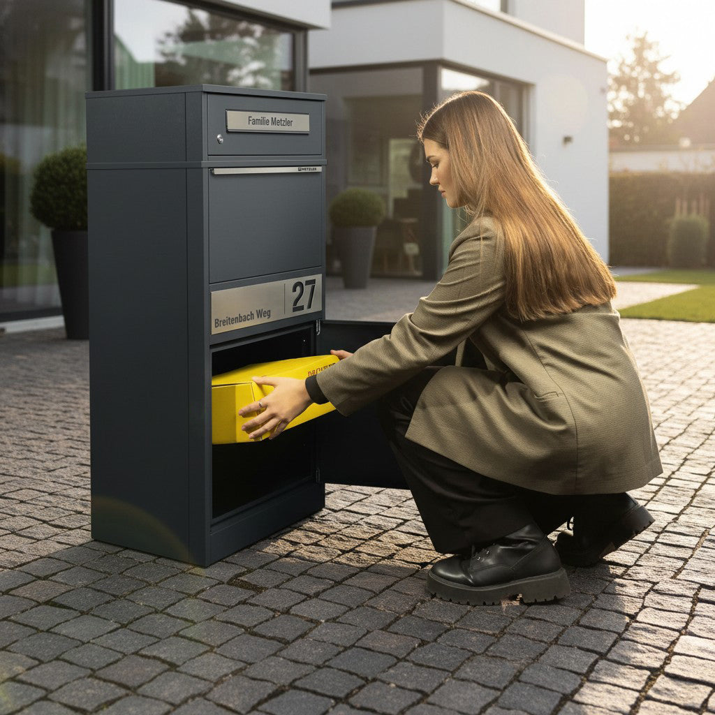 Metzler Paketbox mit Briefkasten | personalisiert mit Gravur | Edelstahl-Namensschild | mit Briefeinwurf | Bispo 2