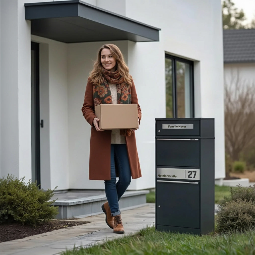 Metzler Paketbox mit Briefkasten | personalisiert mit Gravur | Edelstahl-Namensschild | mit Briefeinwurf | Bispo 2