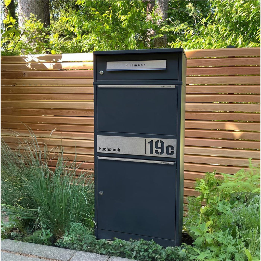 Metzler Paketbox mit Briefkasten | personalisiert mit Gravur | Edelstahl-Namensschild | mit Briefeinwurf | Bispo 2