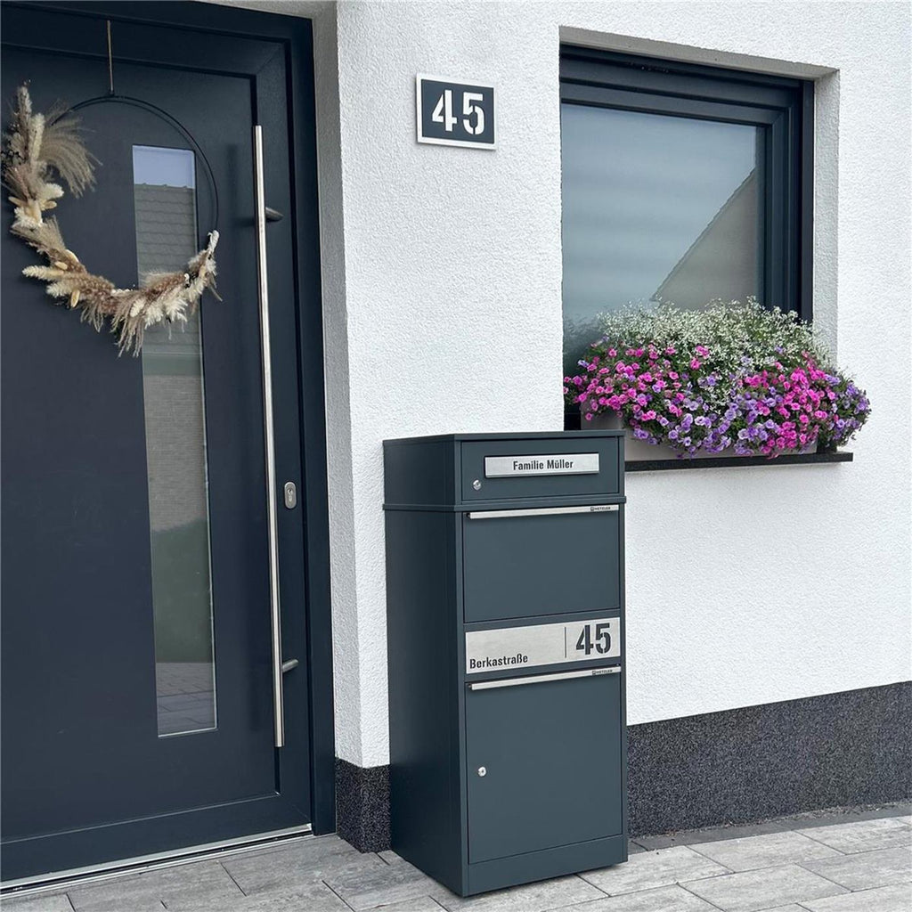 Metzler Paketbox mit Briefkasten | personalisiert mit Gravur | Edelstahl-Namensschild | mit Briefeinwurf | Bispo 2