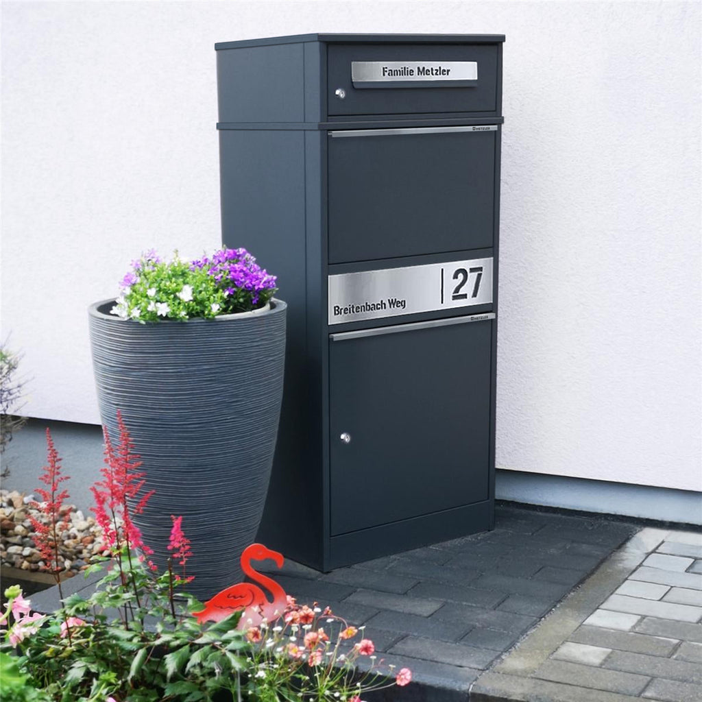 Metzler Paketbox mit Briefkasten | personalisiert mit Gravur | Edelstahl-Namensschild | mit Briefeinwurf | Bispo 2