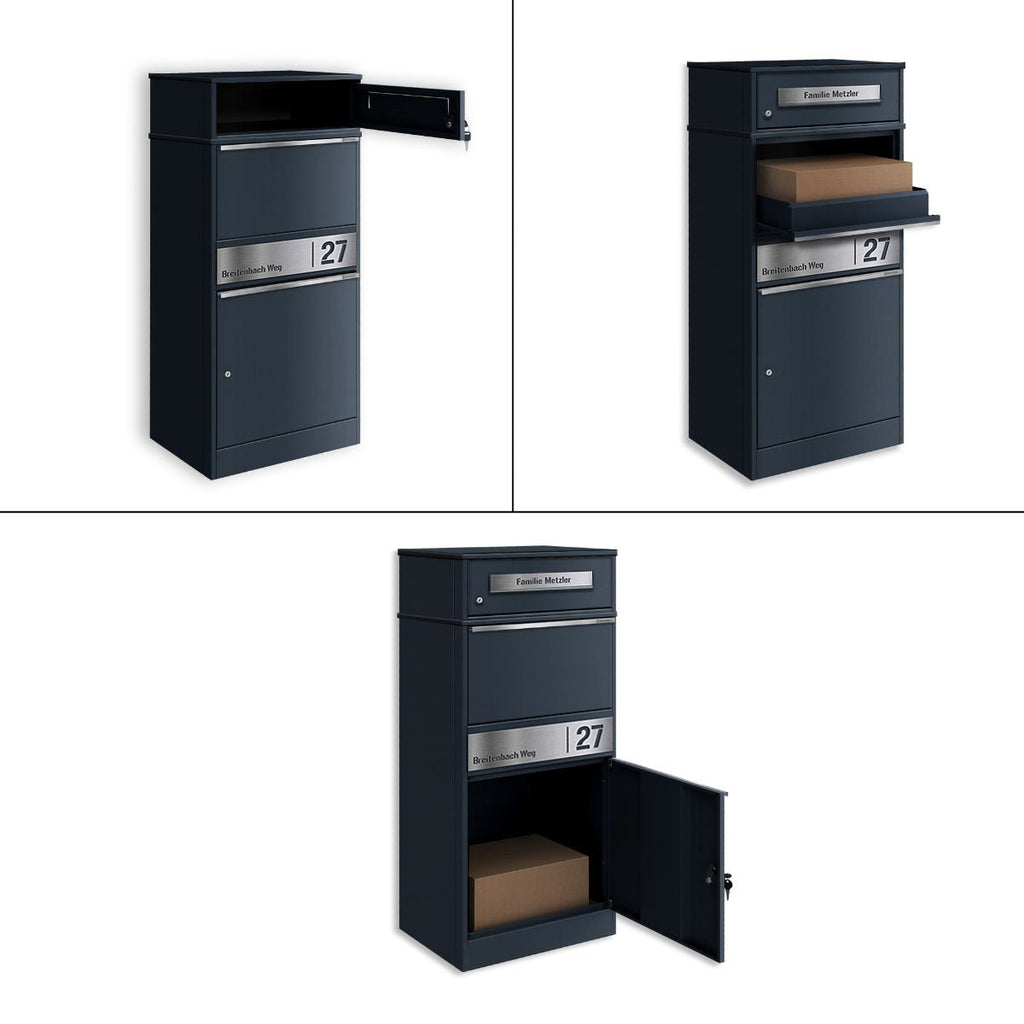 Metzler Paketbox mit Briefkasten | personalisiert mit Gravur | Edelstahl-Namensschild | mit Briefeinwurf | Bispo 2