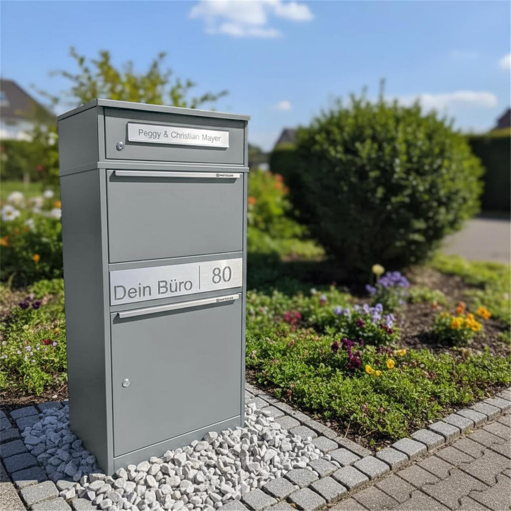 Metzler Paketbox mit Briefkasten | personalisiert mit Gravur | Edelstahl-Namensschild | mit Briefeinwurf | Bispo 2