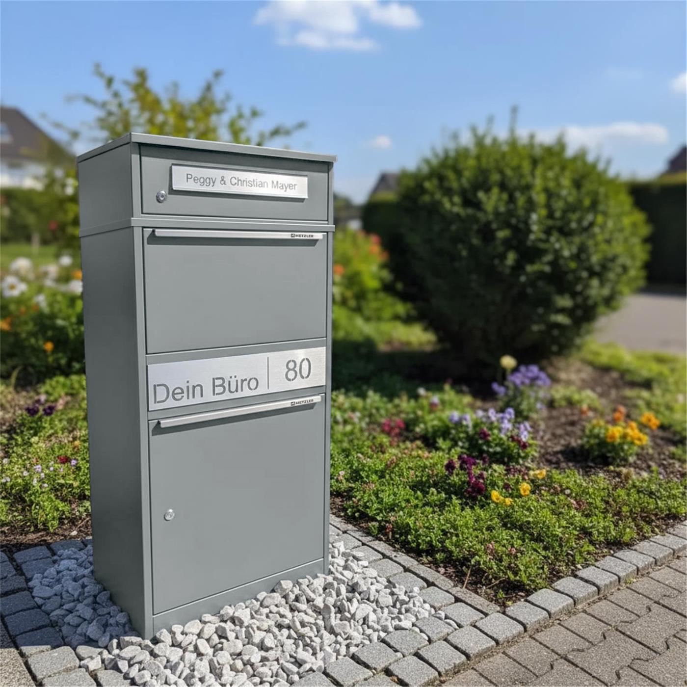 Metzler Paketbox mit Briefkasten | personalisiert mit Gravur | Edelstahl-Namensschild | mit Briefeinwurf | Bispo 2