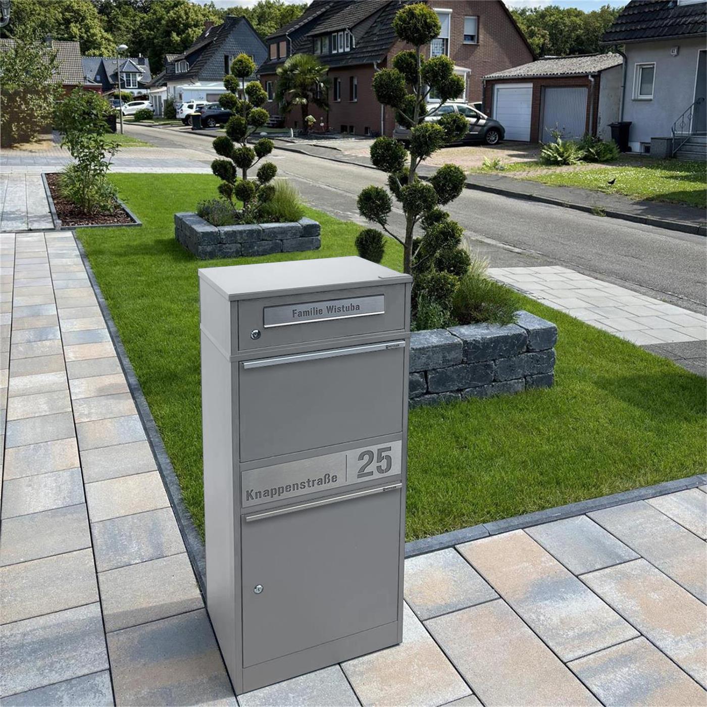 Metzler Paketbox mit Briefkasten | personalisiert mit Gravur | Edelstahl-Namensschild | mit Briefeinwurf | Bispo 2