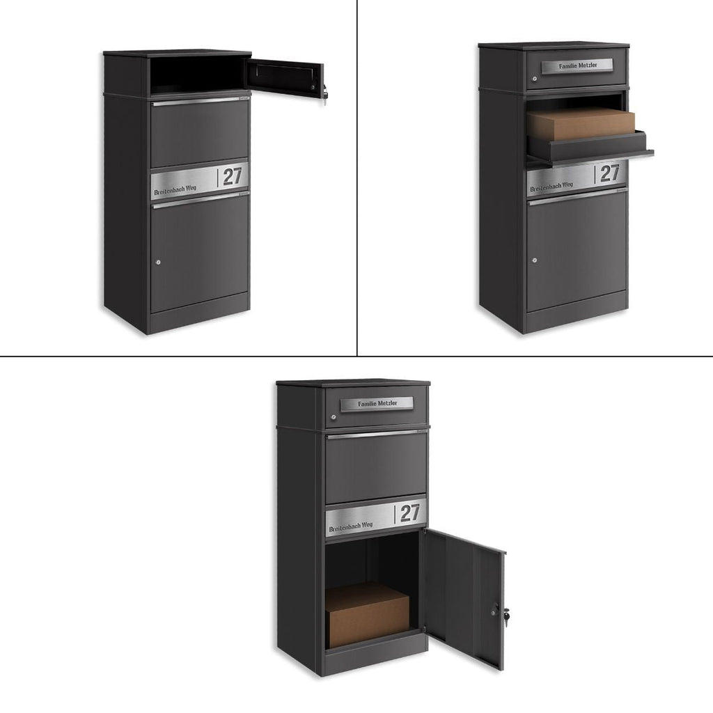 Metzler Paketbox mit Briefkasten | personalisiert mit Gravur | Edelstahl-Namensschild | mit Briefeinwurf | Bispo 2