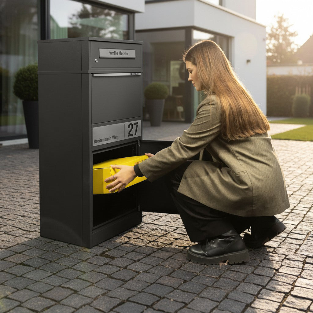 Metzler Paketbox mit Briefkasten | personalisiert mit Gravur | Edelstahl-Namensschild | mit Briefeinwurf | Bispo 2