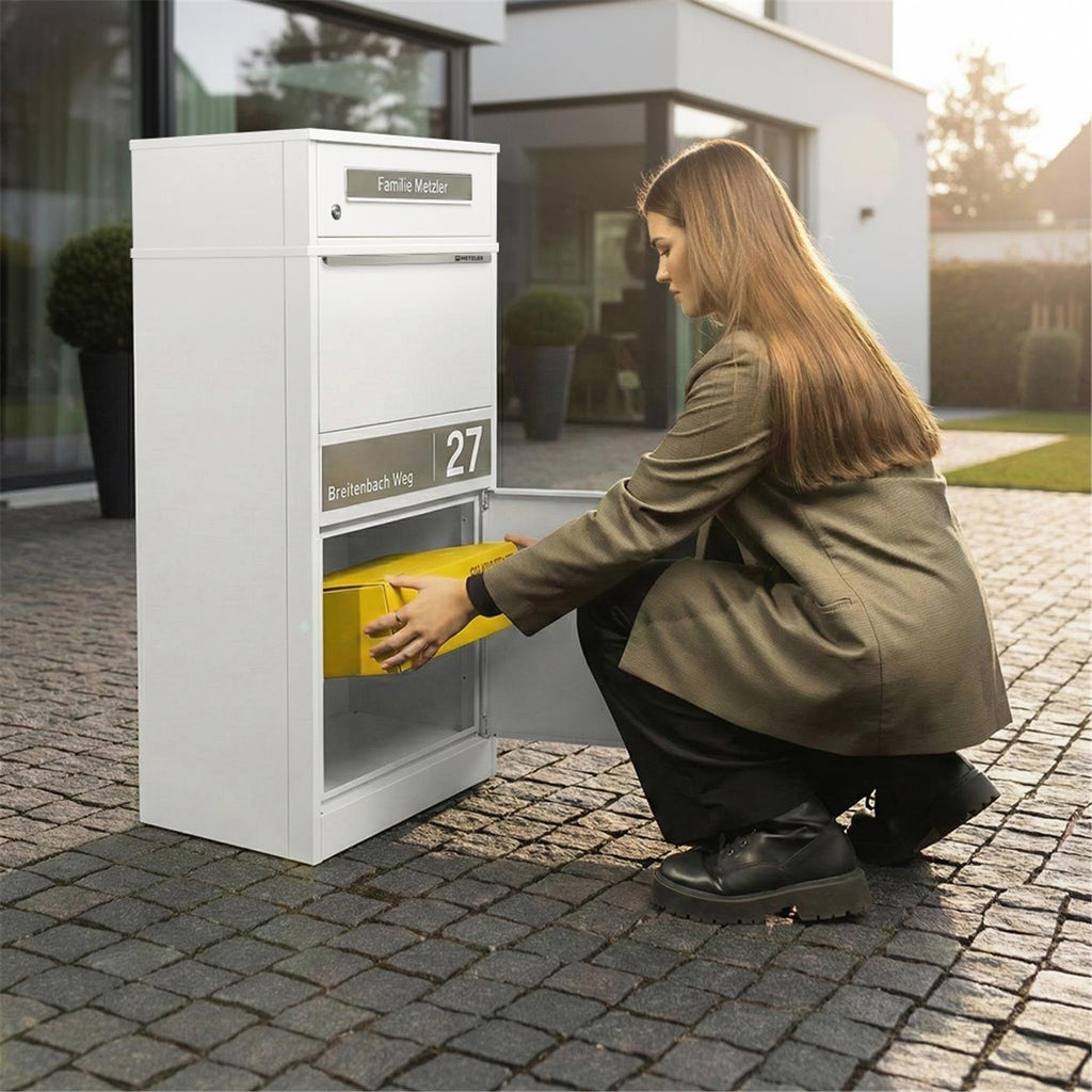 Metzler Paketbox mit Briefkasten | personalisiert mit Gravur | Edelstahl-Namensschild | mit Briefeinwurf | Bispo 2