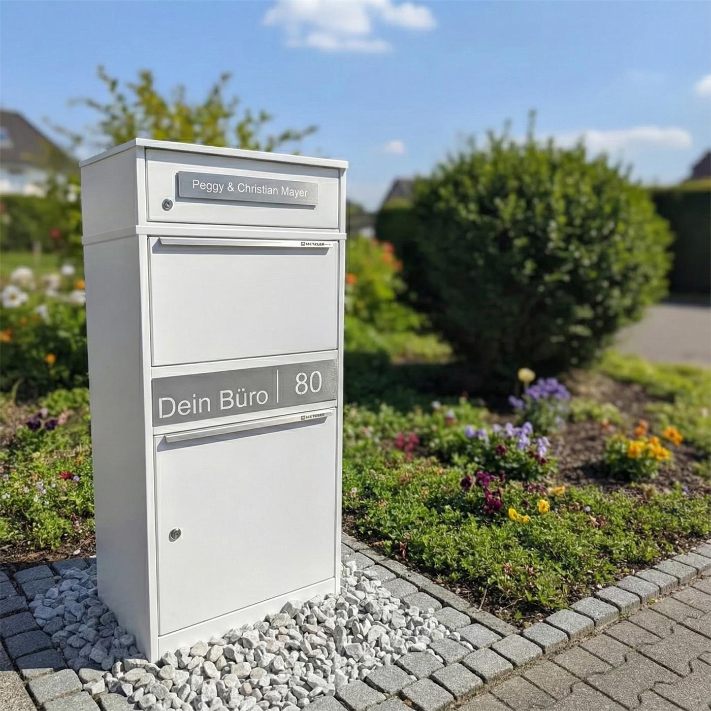 Metzler Paketbox mit Briefkasten | personalisiert mit Gravur | Edelstahl-Namensschild | mit Briefeinwurf | Bispo 2