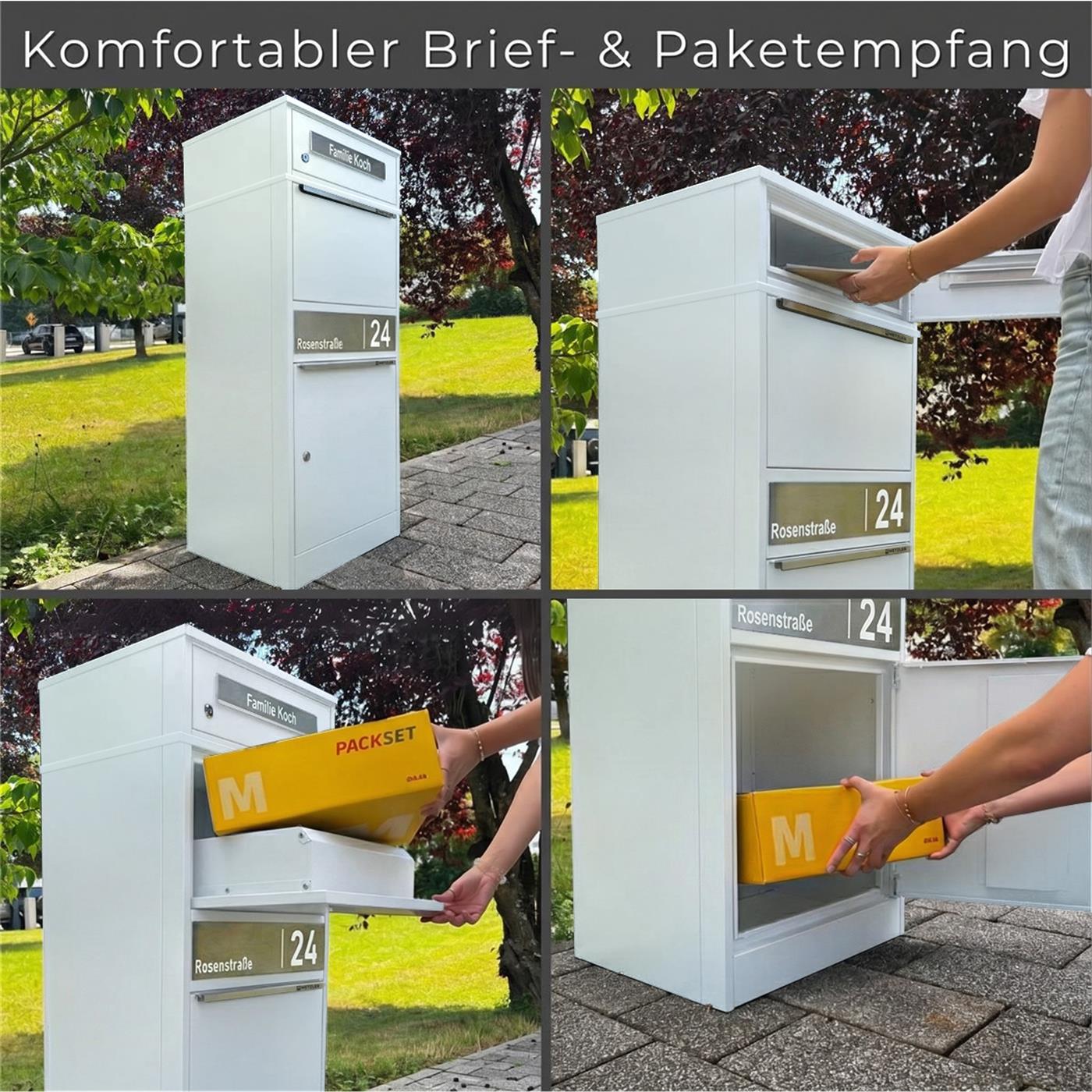Metzler Paketbox mit Briefkasten | personalisiert mit Gravur | Edelstahl-Namensschild | mit Briefeinwurf | Bispo 2