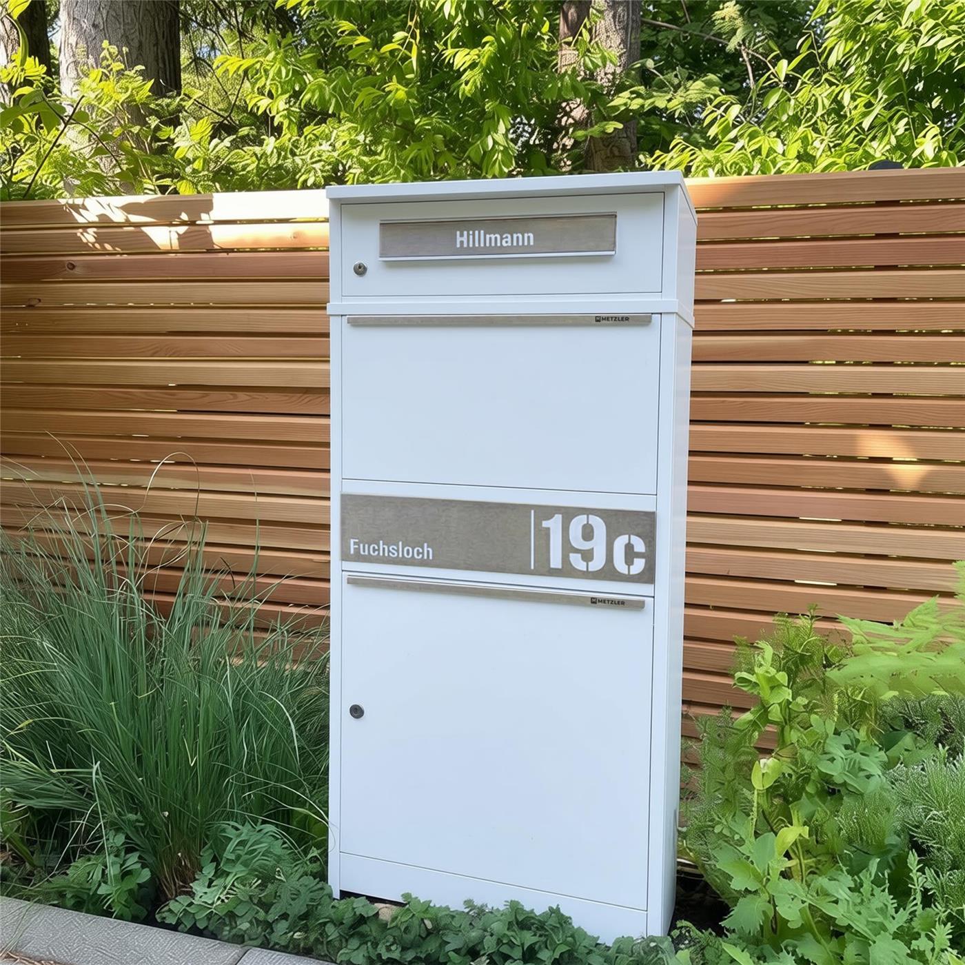 Metzler Paketbox mit Briefkasten | personalisiert mit Gravur | Edelstahl-Namensschild | mit Briefeinwurf | Bispo 2