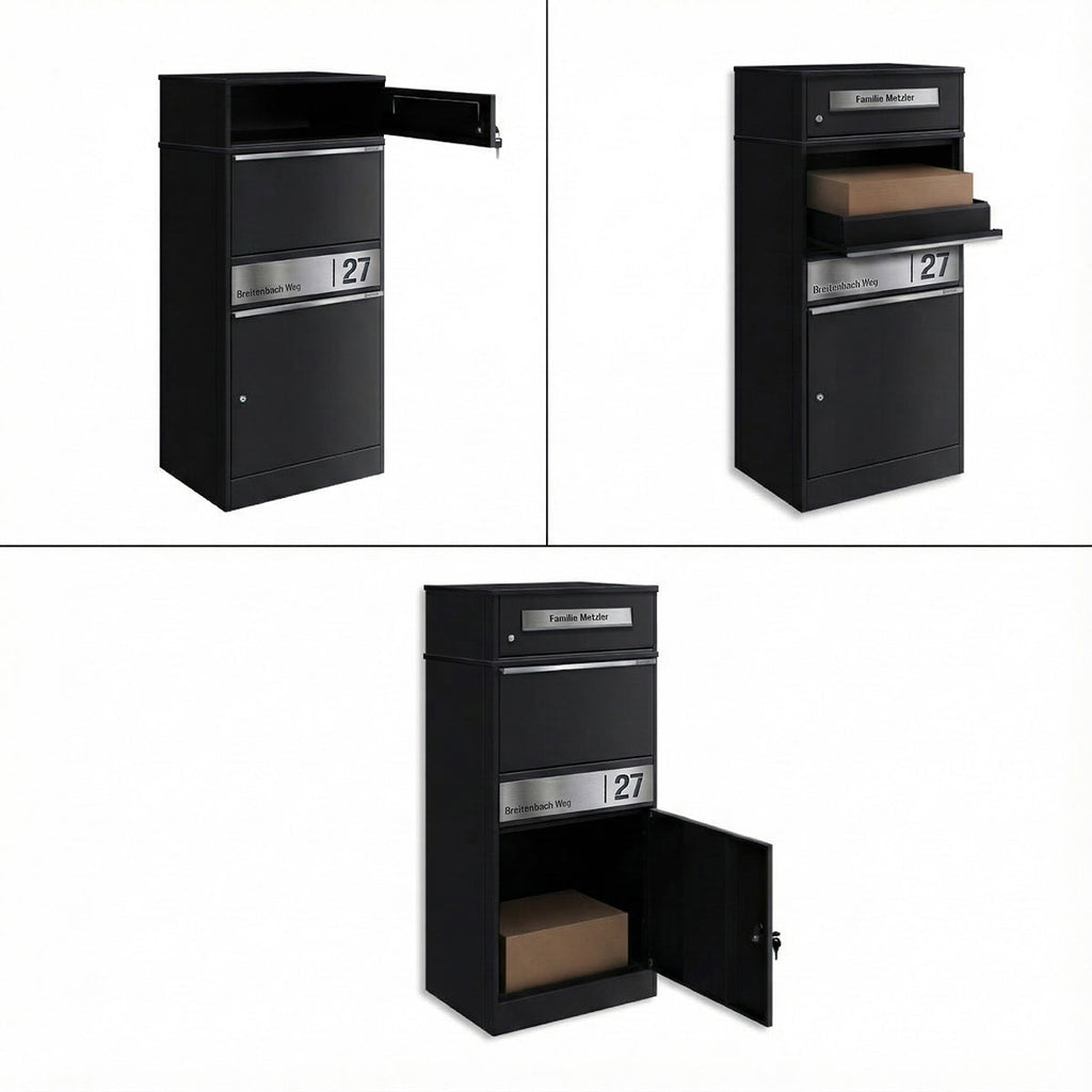 Metzler Paketbox mit Briefkasten Bispo 2 personalisiert, Edelstahl-Namensschild mit Gravur, RAL-Farben, witterungsbeständig