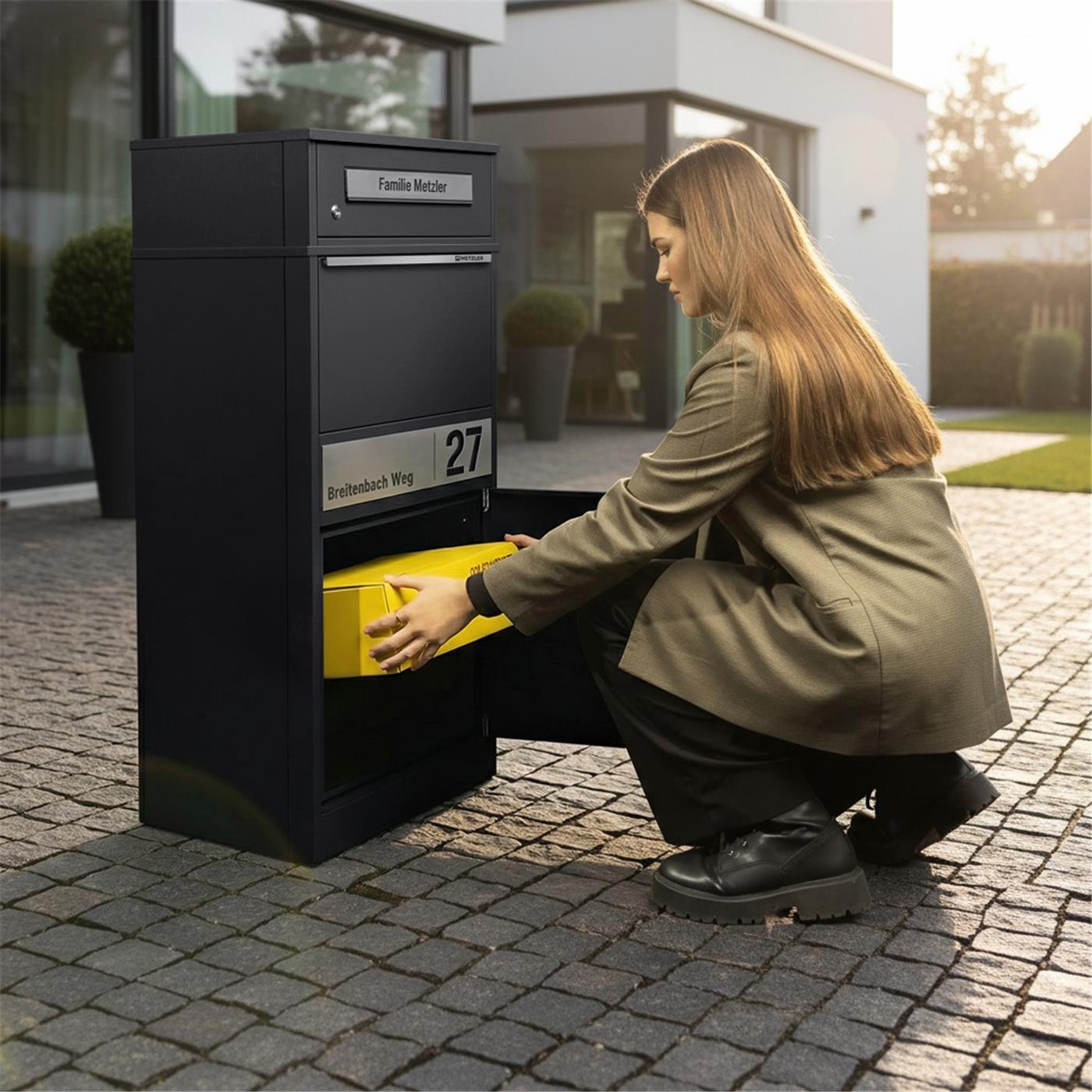 Metzler Paketbox mit Briefkasten Bispo 2 personalisiert, Edelstahl-Namensschild mit Gravur, RAL-Farben, witterungsbeständig