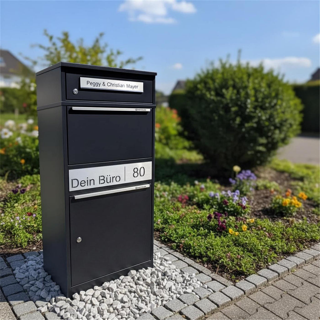 Metzler Paketbox mit Briefkasten Bispo 2 personalisiert, Edelstahl-Namensschild mit Gravur, RAL-Farben, witterungsbeständig