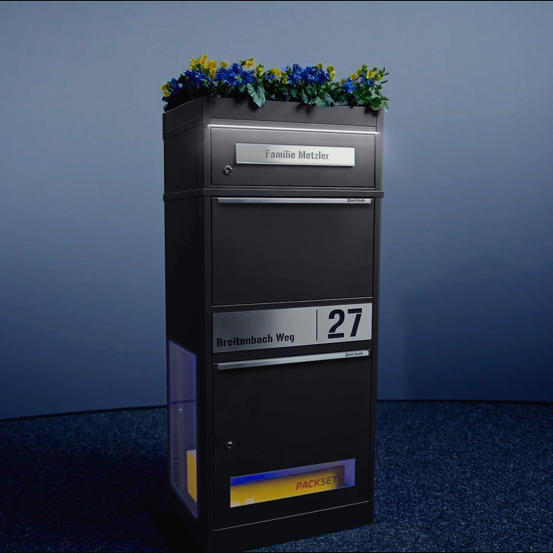 Metzler Paketbox mit Briefkasten | LED | personalisiert mit Gravur | Bispo 2