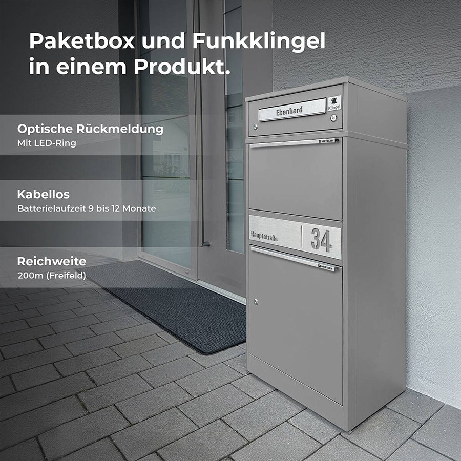 Metzler Funk-Paketbox mit Klingel & Briefkasten |  personalisiert mit Gravur | Edelstahl-Namensschild | Bispo Funk