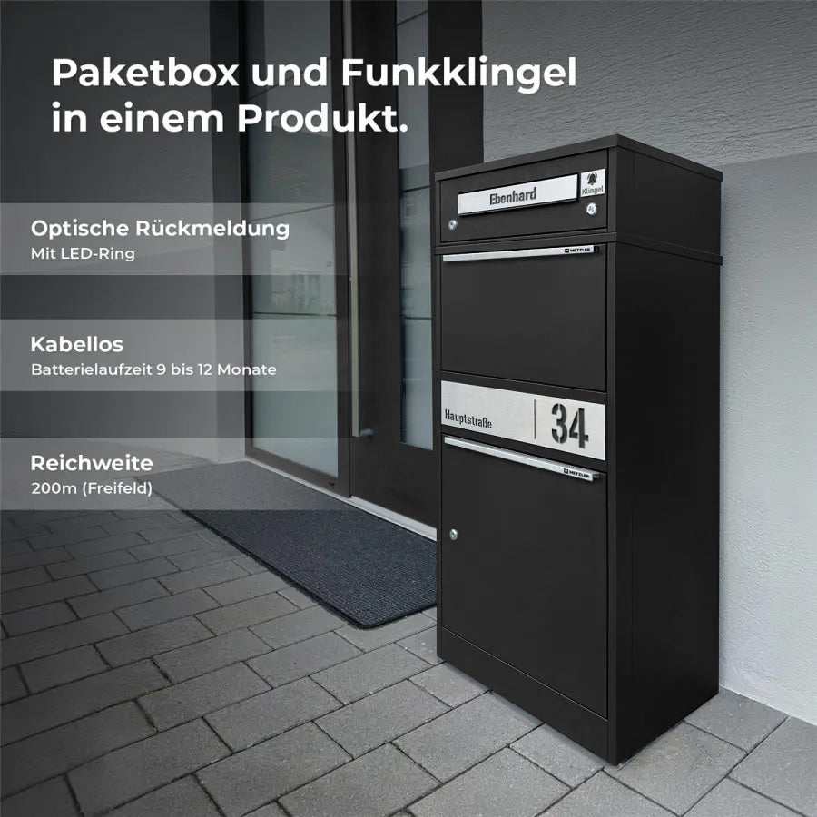 Metzler Funk-Paketbox mit Klingel & Briefkasten |  personalisiert mit Gravur | Edelstahl-Namensschild | Bispo Funk