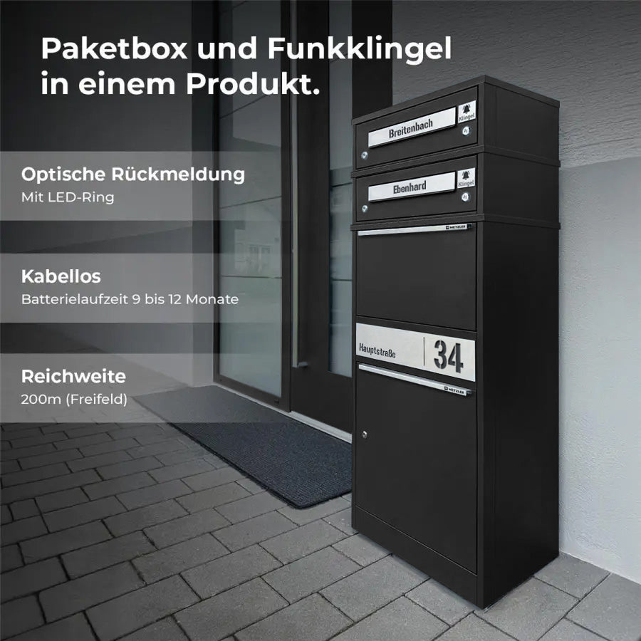 Metzler Funk-Paketbox mit Klingel & Briefkasten |  personalisiert mit Gravur | Edelstahl-Namensschilder | Bispo Funk