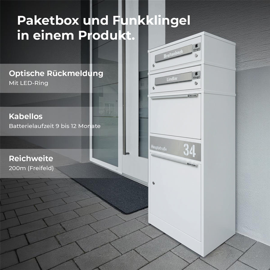 Metzler Funk-Paketbox mit Klingel & Briefkasten |  personalisiert mit Gravur | Edelstahl-Namensschilder | Bispo Funk