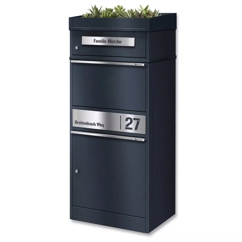 Metzler Paketbox mit Pflanzdach | personalisiert mit Gravur | Edelstahl-Namensschild | mit Briefeinwurf | Bispo 2
