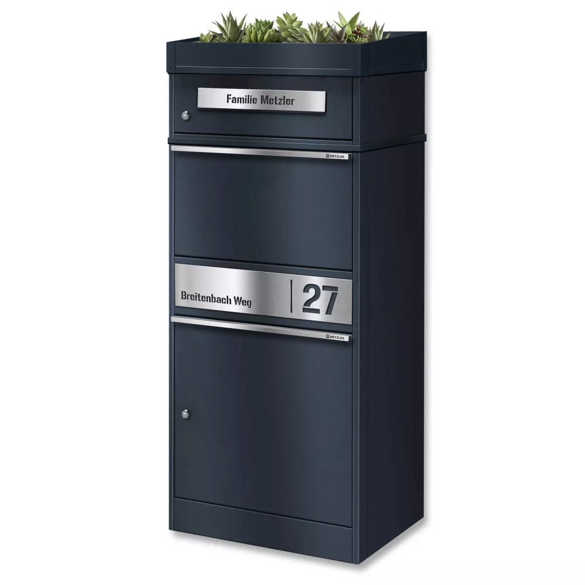 Metzler Paketbox mit Pflanzdach | personalisiert mit Gravur | Edelstahl-Namensschild | mit Briefeinwurf | Bispo 2