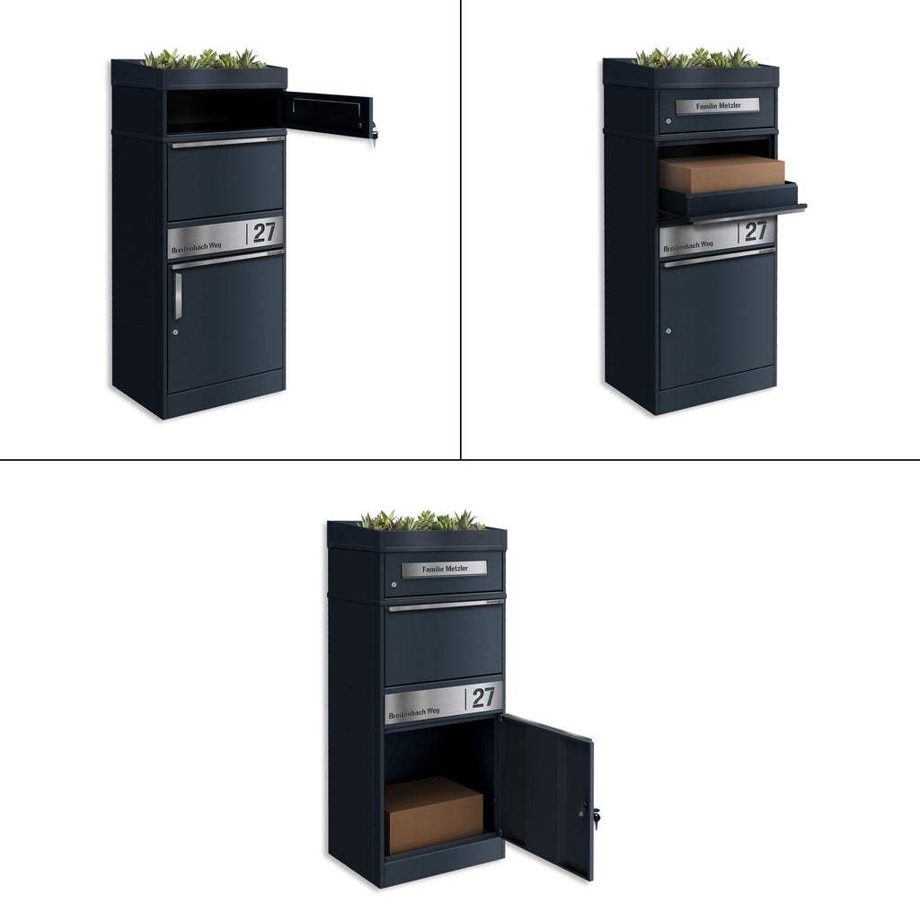 Metzler Paketbox mit Pflanzdach | personalisiert mit Gravur | Edelstahl-Namensschild | mit Briefeinwurf | Bispo 2