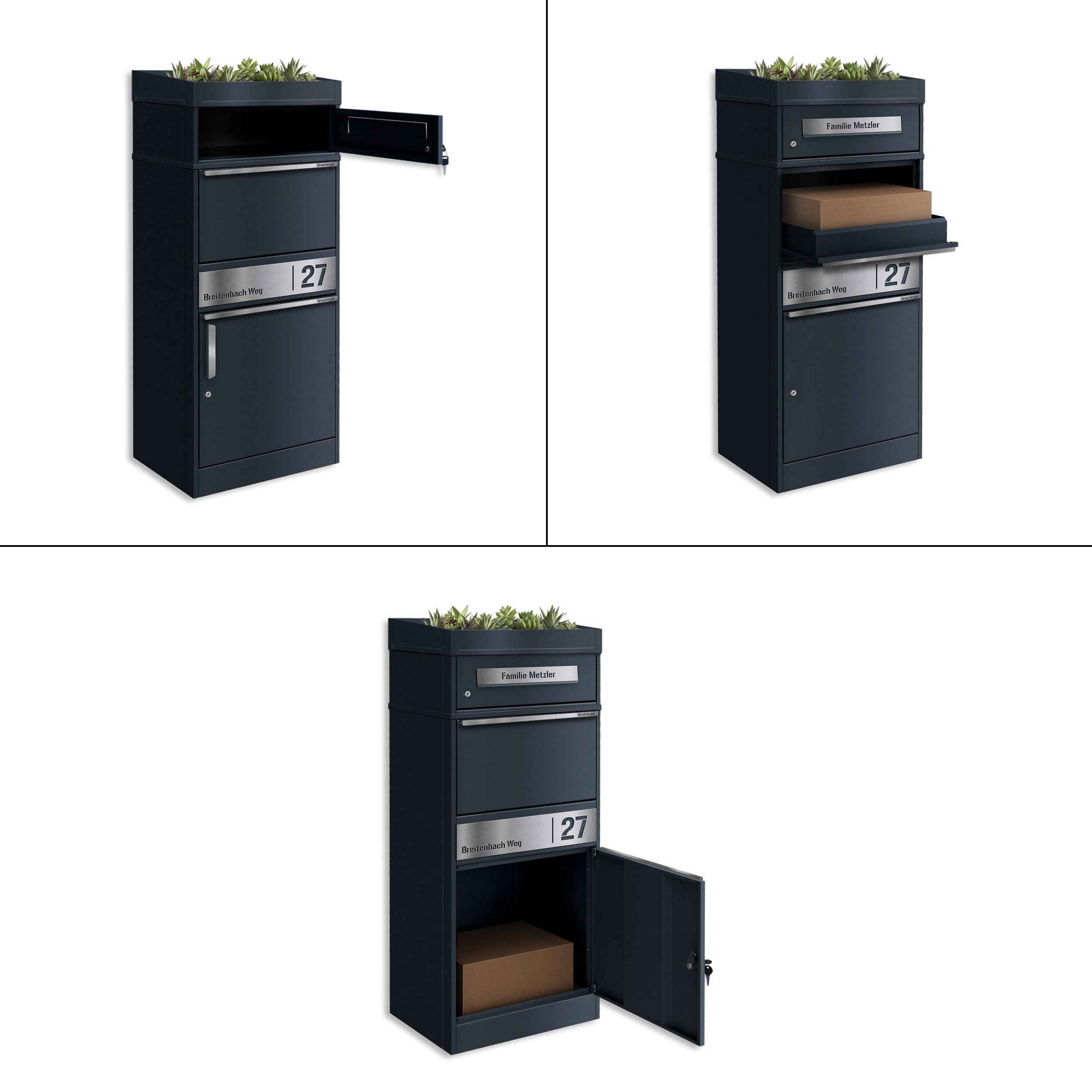 Metzler Paketbox mit Pflanzdach | personalisiert mit Gravur | Edelstahl-Namensschild | mit Briefeinwurf | Bispo 2