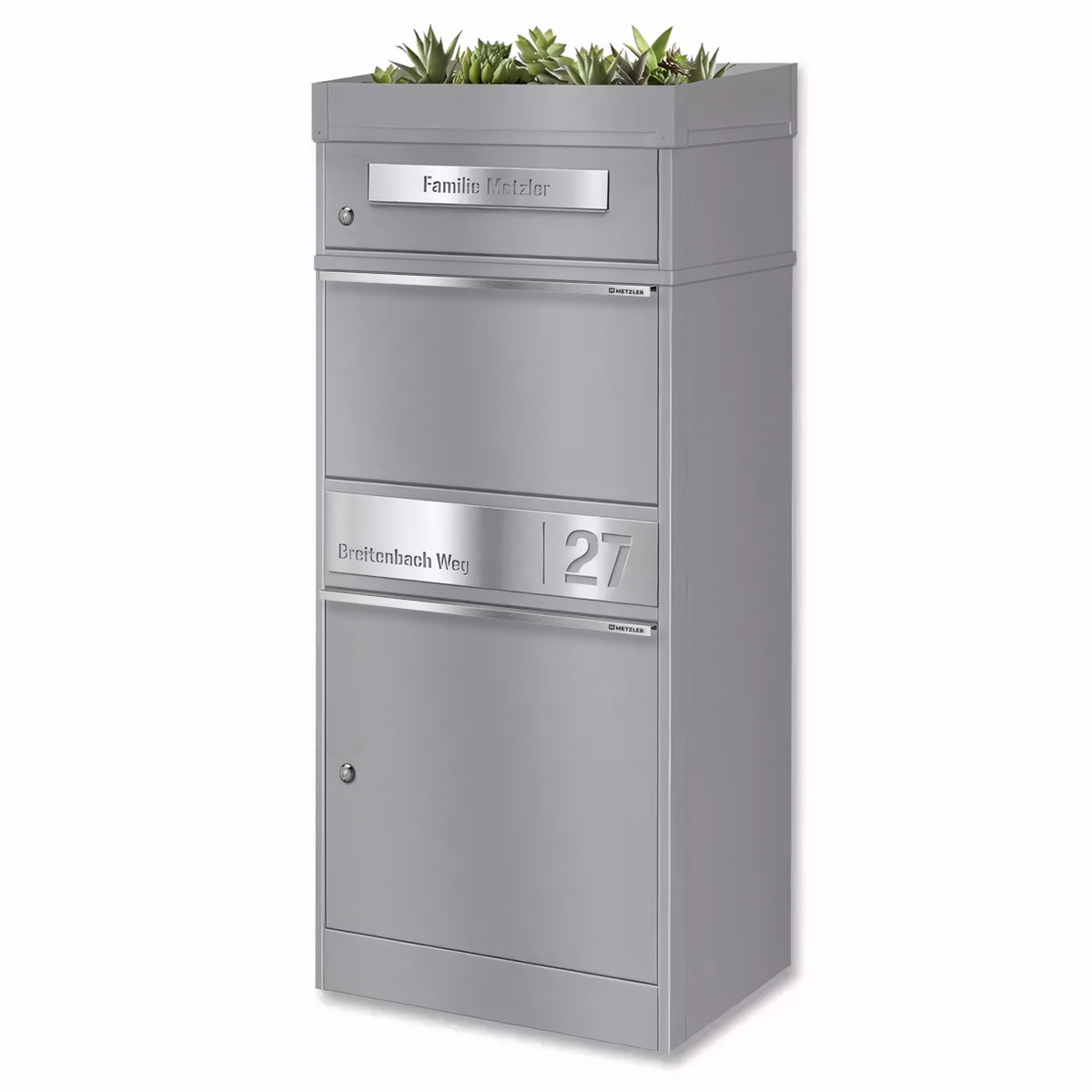 Metzler Paketbox mit Pflanzdach | personalisiert mit Gravur | Edelstahl-Namensschild | mit Briefeinwurf | Bispo 2