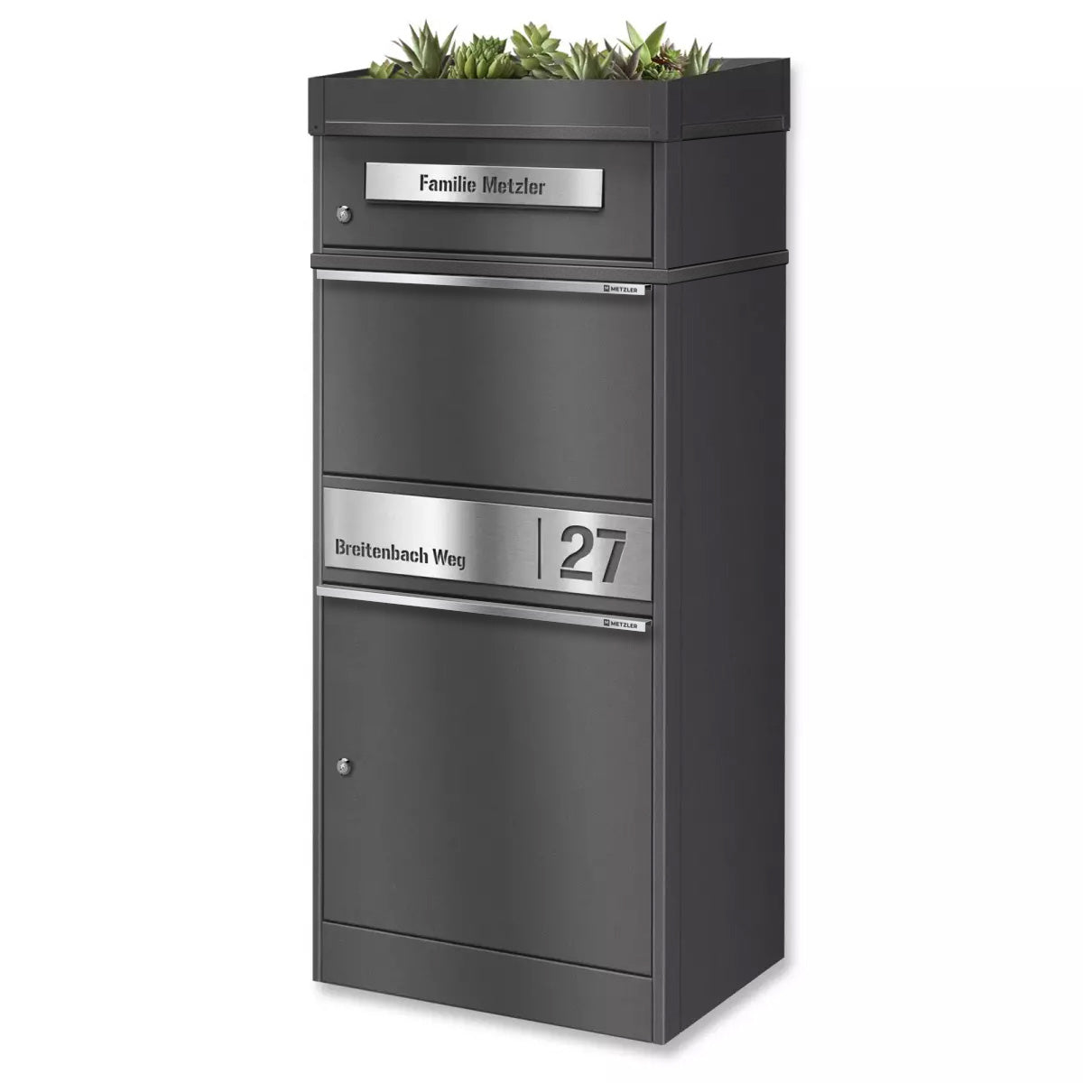 Metzler Paketbox mit Pflanzdach | personalisiert mit Gravur | Edelstahl-Namensschild | mit Briefeinwurf | Bispo 2
