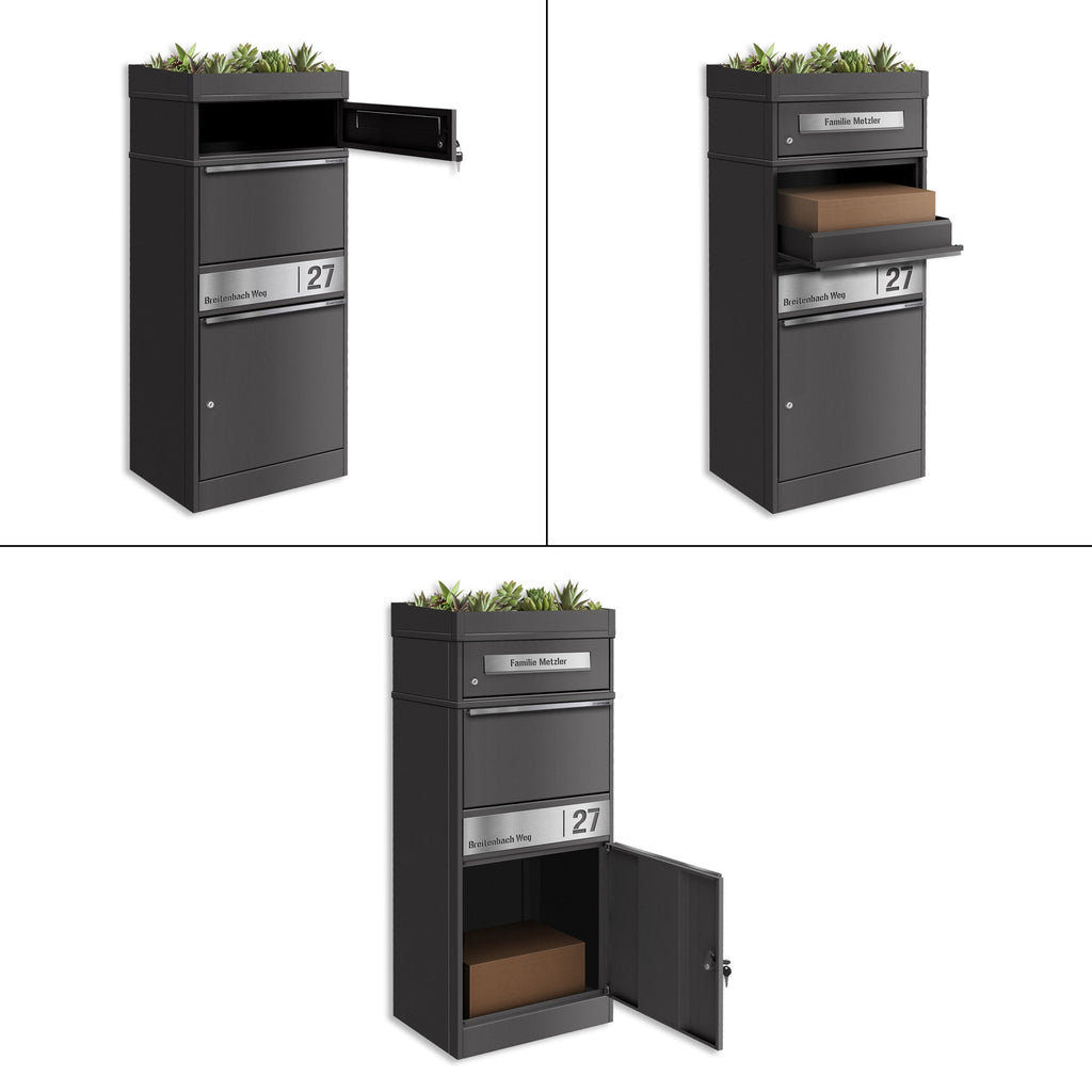 Metzler Paketbox mit Pflanzdach | personalisiert mit Gravur | Edelstahl-Namensschild | mit Briefeinwurf | Bispo 2