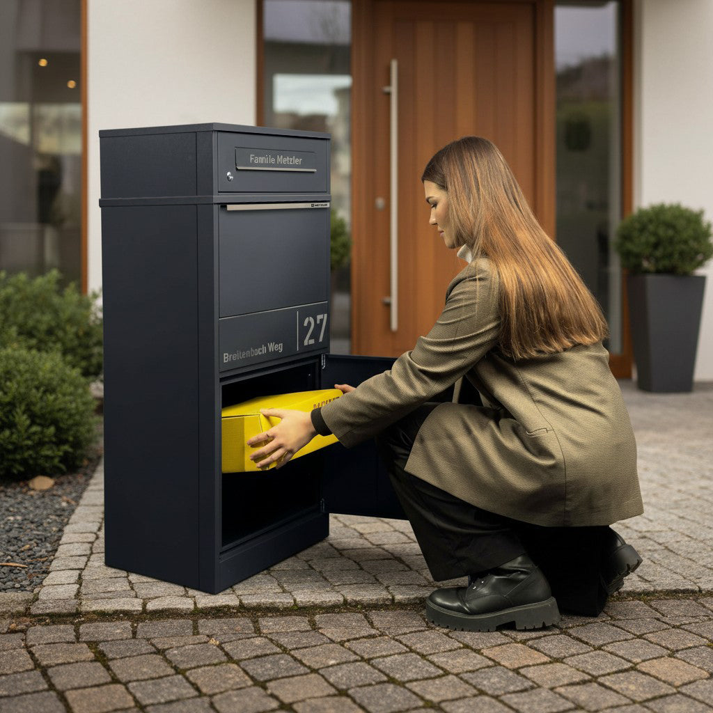 Metzler Paketbox mit Briefkasten | personalisiert mit Gravur | Edelstahl-Namensschild | mit Briefeinwurf | Taren