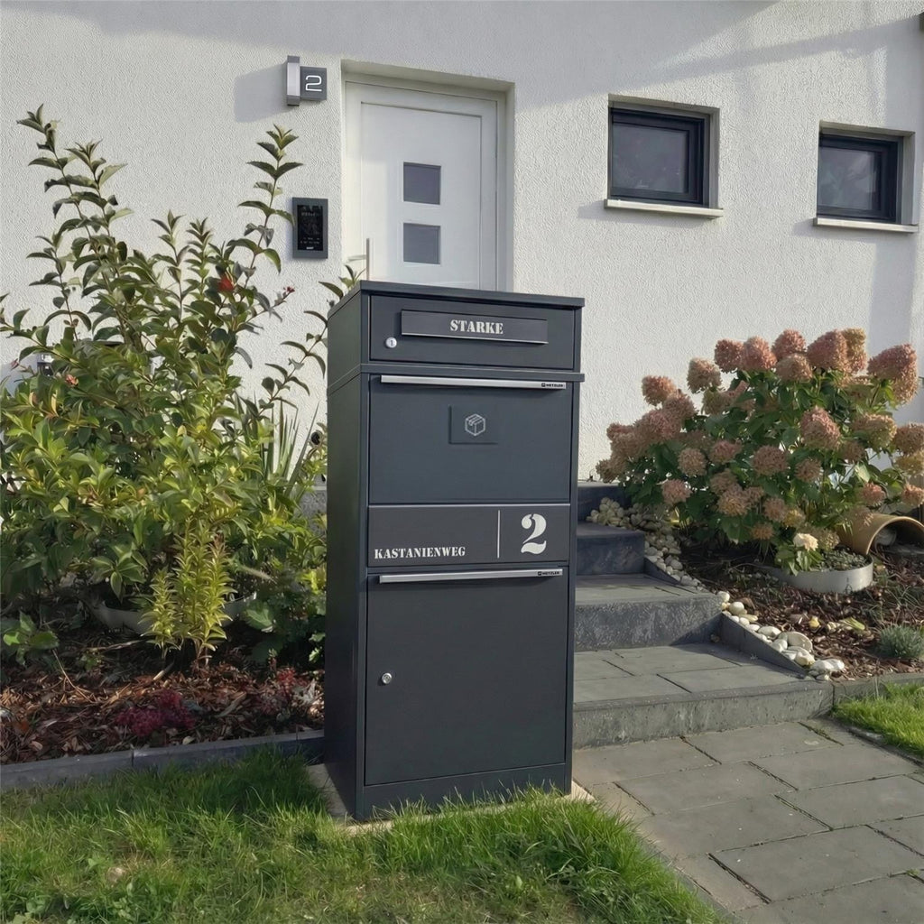 Metzler Paketbox mit Briefkasten | personalisiert mit Gravur | Edelstahl-Namensschild | mit Briefeinwurf | Taren